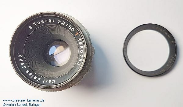 TES-Interimar 1:2,8/50mm Nr. 380503, Namensvariante des Tessar 2,8/50, unter dem “TES-Interimar” Aufschraubring befindet sich ein weiterer Ring mit der urspünglichen Seriennummer 3880733 und der unveränderten Tessar- bzw. Carl Zeiss Jena-Gravur TES-Interimar 1:2,8/50mm Nr. 380503, Namensvariante des Tessar 2,8/50, unter dem “TES-Interimar” Aufschraubring befindet sich ein weiterer Ring mit der urspünglichen Seriennummer 3880733 und der unveränderten Tessar- bzw. Carl Zeiss Jena-Gravur