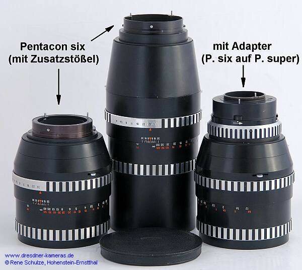 Carl Zeiss Jena Sonnar 2,8/180 (links) und Sonnar 4/300 (Mitte) mit Pentacon-six-Anschluss (mit Zusatzstel) sowie Sonnar 2,8/180 (rechts) mit Adapter Pentacon six auf Pentacon super