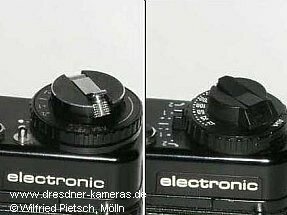 Praktica BC 1 - 1. Version mit Einstellrad fr Filmempfindlichkeit und Belichtungskorrektur sowie Rckspulkurbel aus Metall (links); 2. Version aus Kunststoff (rechts)
