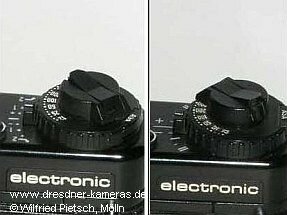 Praktica BC 1 - 2. Version; Variante der Beschriftung der Belichtungskorrektur mit arabischen Zahlen (links) und Variante mit rmischen Zahlen (rechts)