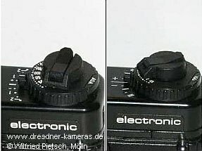 Praktica BCA - Variante der Beschriftung der Belichtungskorrektur mit arabischen Zahlen (links) und Variante mit rmischen Zahlen (rechts)