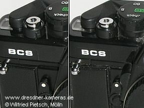 links: Praktica BCS, Version ohne Abblendtaste; rechts: Praktica BCS, Version mit Abblendtaste