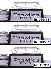 Exportmodell Praktica FX 3 - unterschiedliche Gravuren der Modellbezeichnung: FX3, F.X3 und seltener FX3.